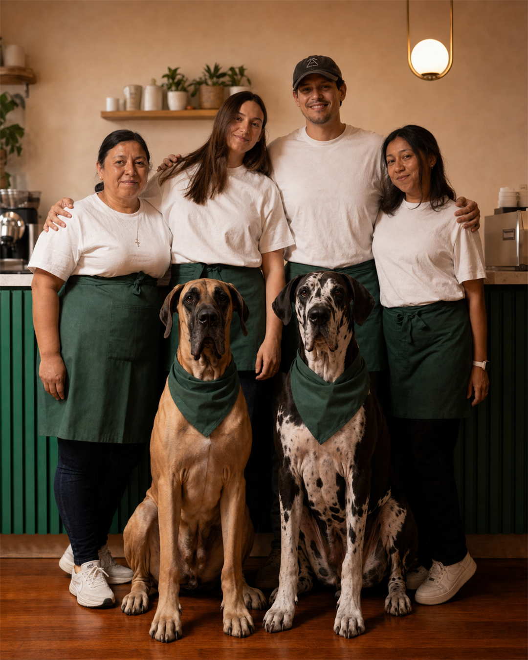 Equipo de Mimos de Lisboa junto a sus perros en su cafetería de zona 15, Guatemala