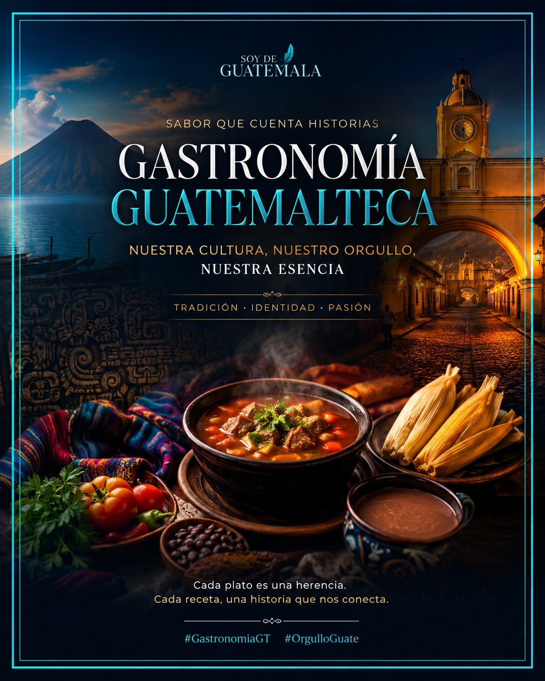 Imagen editorial de la gastronomía guatemalteca con platillos tradicionales, cultura, paisaje y orgullo nacional.