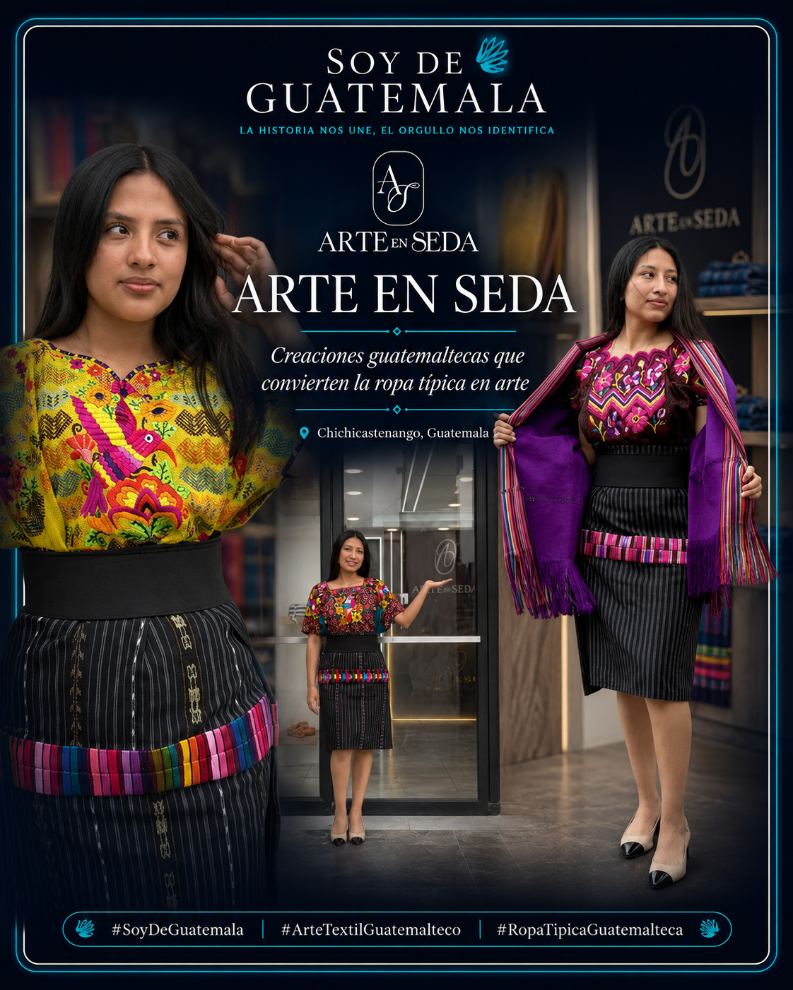 Arte en Seda, marca guatemalteca de ropa típica personalizada, mostrando diseños textiles inspirados en el arte y la identidad cultural de Guatemala.